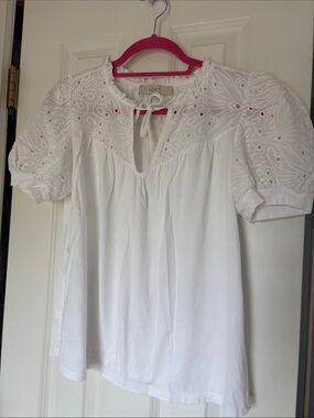 LOFT White Eyelet Tie-Neck Puff Sleeve Blouse